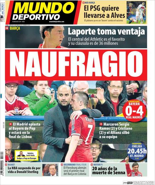 &#39;Naufragio&#39;  il titolo a caratteri cubitali del Mundo Deportivo, che in prima pagina mostra un Guardiola sconsolato abbracciato a Ribery: &#39;Il Madrid schiaccia il Bayern di Pep&#39;